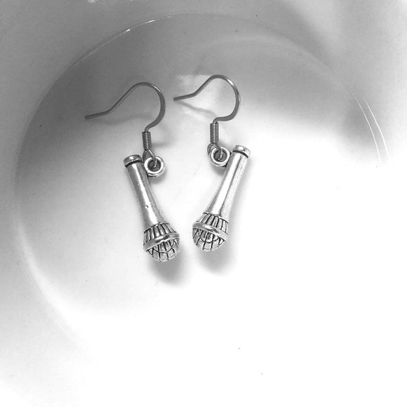 Miniature Microphone Music Recording Audio Musician Singer Gift Charm Earrings - Picture 2 of 4